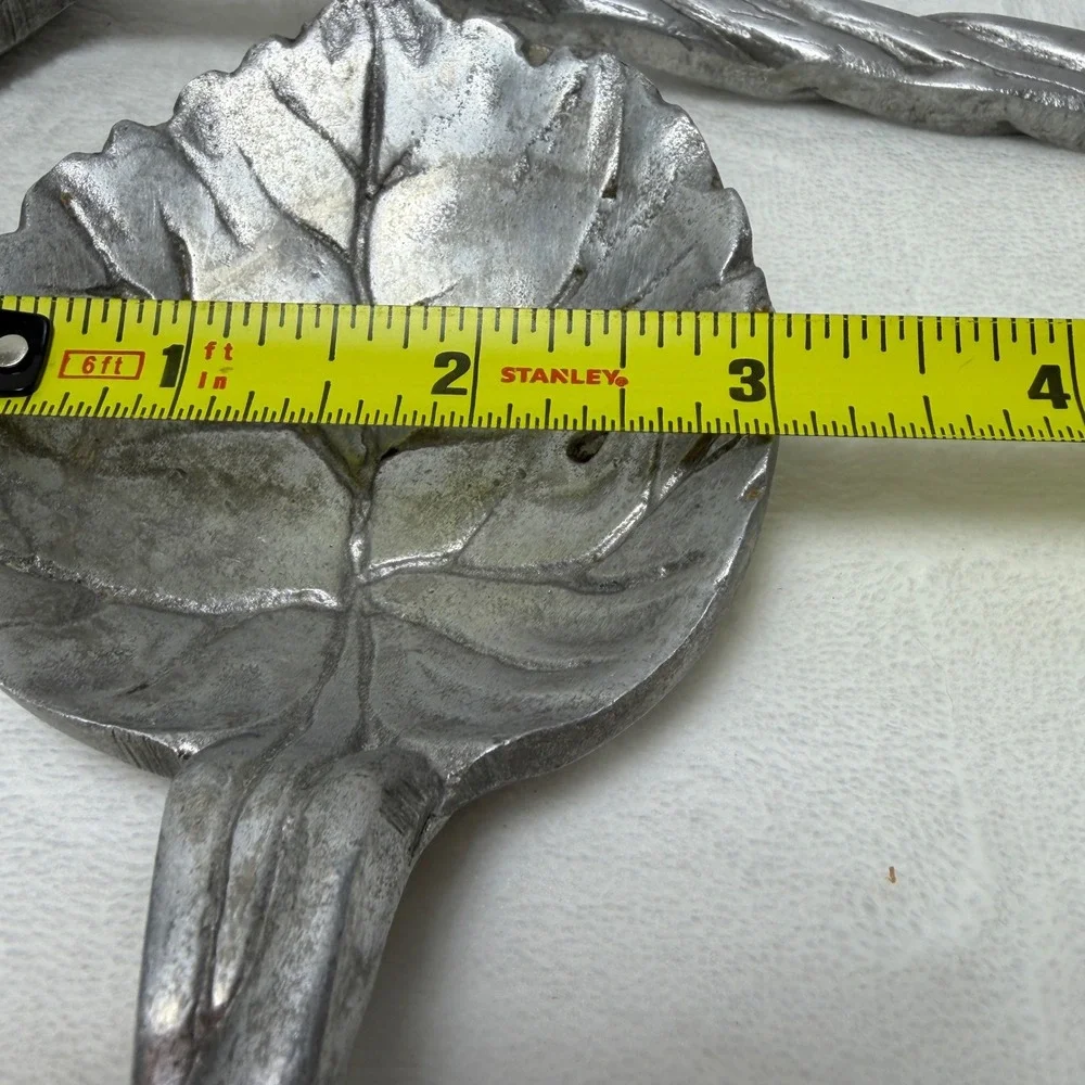 VTG Cast Metal Leaf Salad Serving Set Silver Tone Rustic Botanical Twig‎ Handle